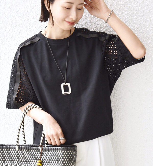 SHIPS for women「《予約》【WEB限定】〈手洗い可能〉レース コンビ ショート スリーブ カットソー」|Tシャツ・カットソー|ブラック