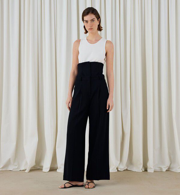 DES PRES「ウールジョーゼット コルセット付きタックワイドパンツ」|スラックス|