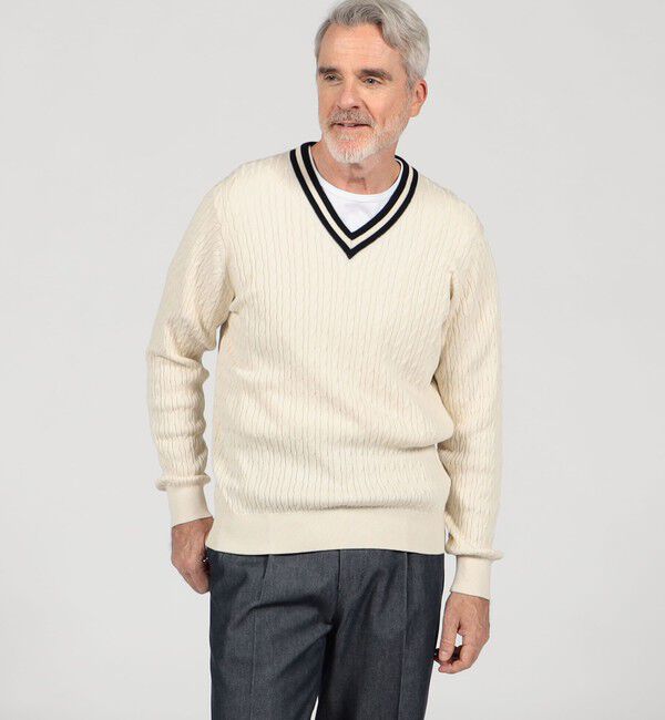 TOMORROWLAND MENS「コットンシルク Vネックプルオーバー ケーブルニット」|ニット・セーター|