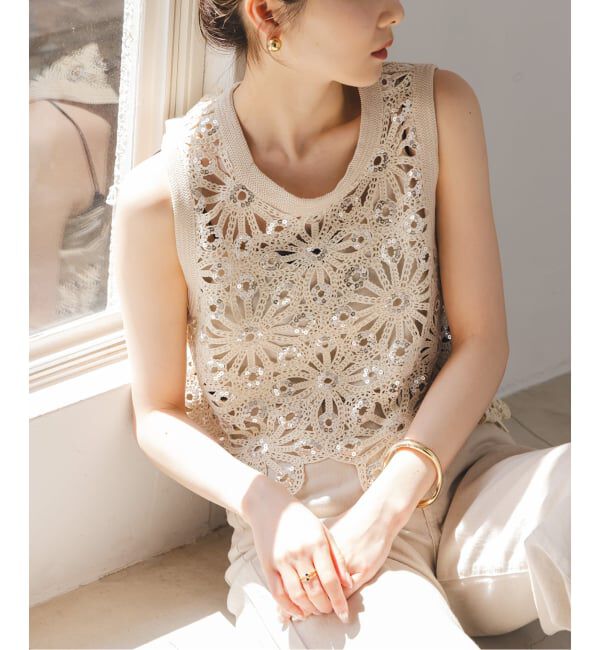 NOBLE「《予約》SUNCOO/サンクー スパンコールレースタンクトップ」|Tシャツ・カットソー|ベージュ