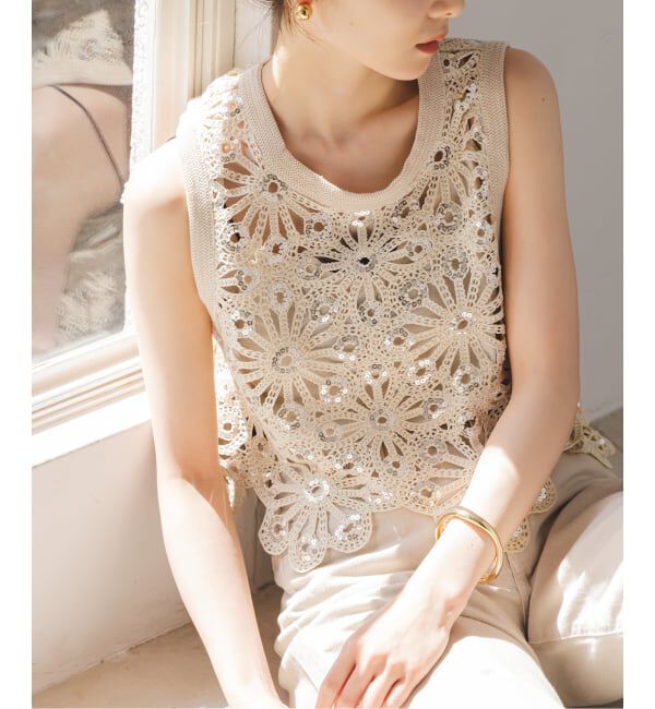 NOBLE「《予約》SUNCOO/サンクー スパンコールレースタンクトップ」|Tシャツ・カットソー|