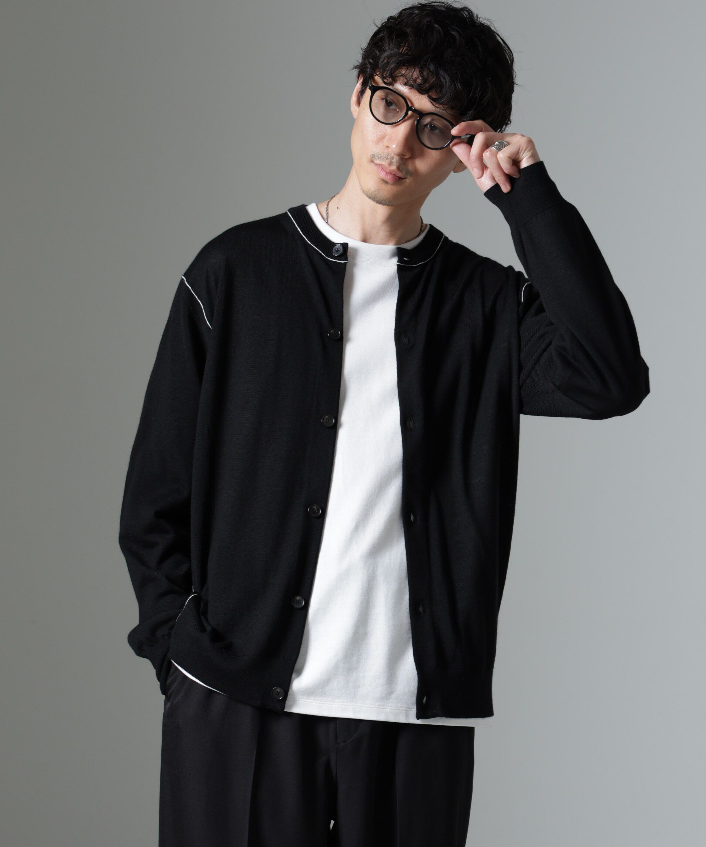 nano･universe「コントラストラインクルーネックカーディガン」|ニット・セーター|ブラック