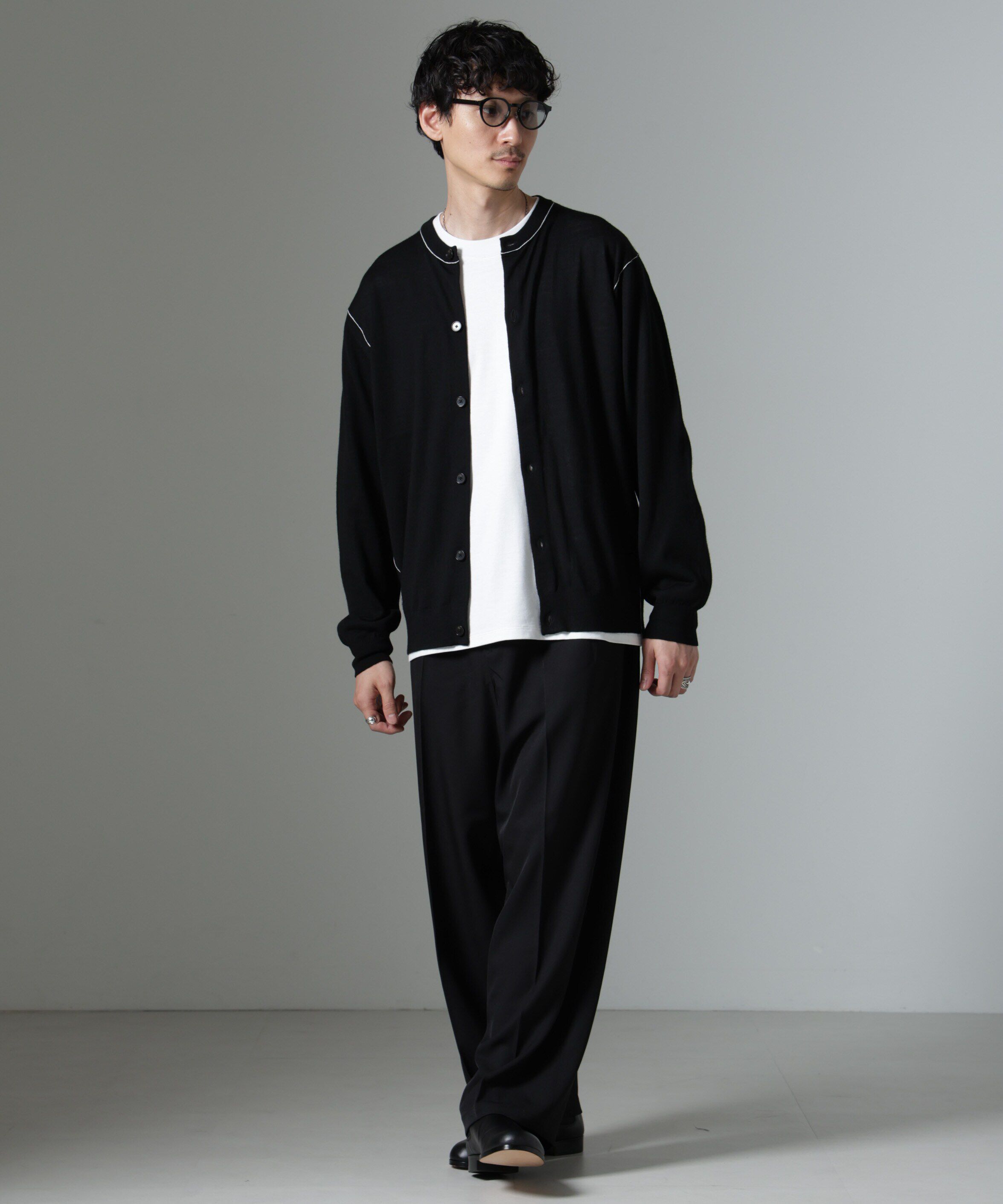 nano･universe「コントラストラインクルーネックカーディガン」|ニット・セーター|