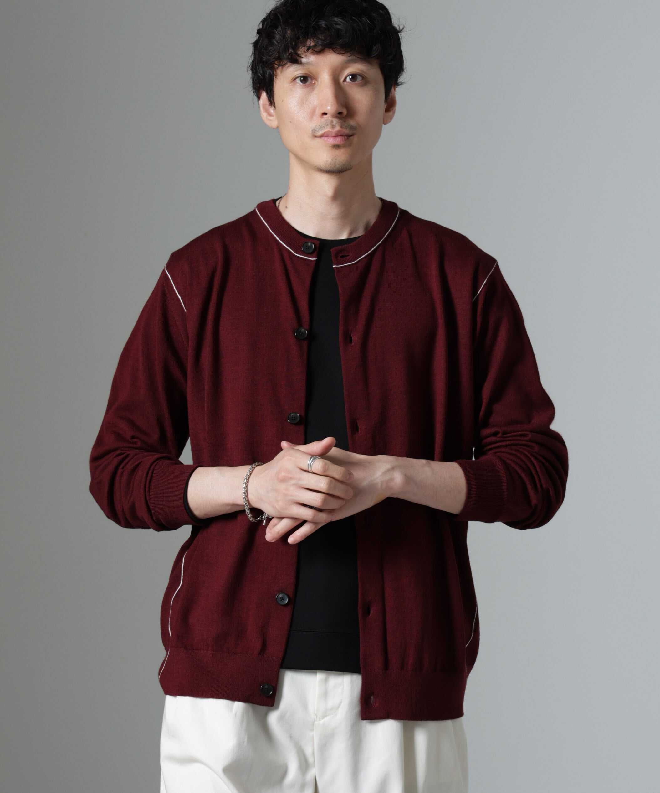 nano･universe「コントラストラインクルーネックカーディガン」|ニット・セーター|