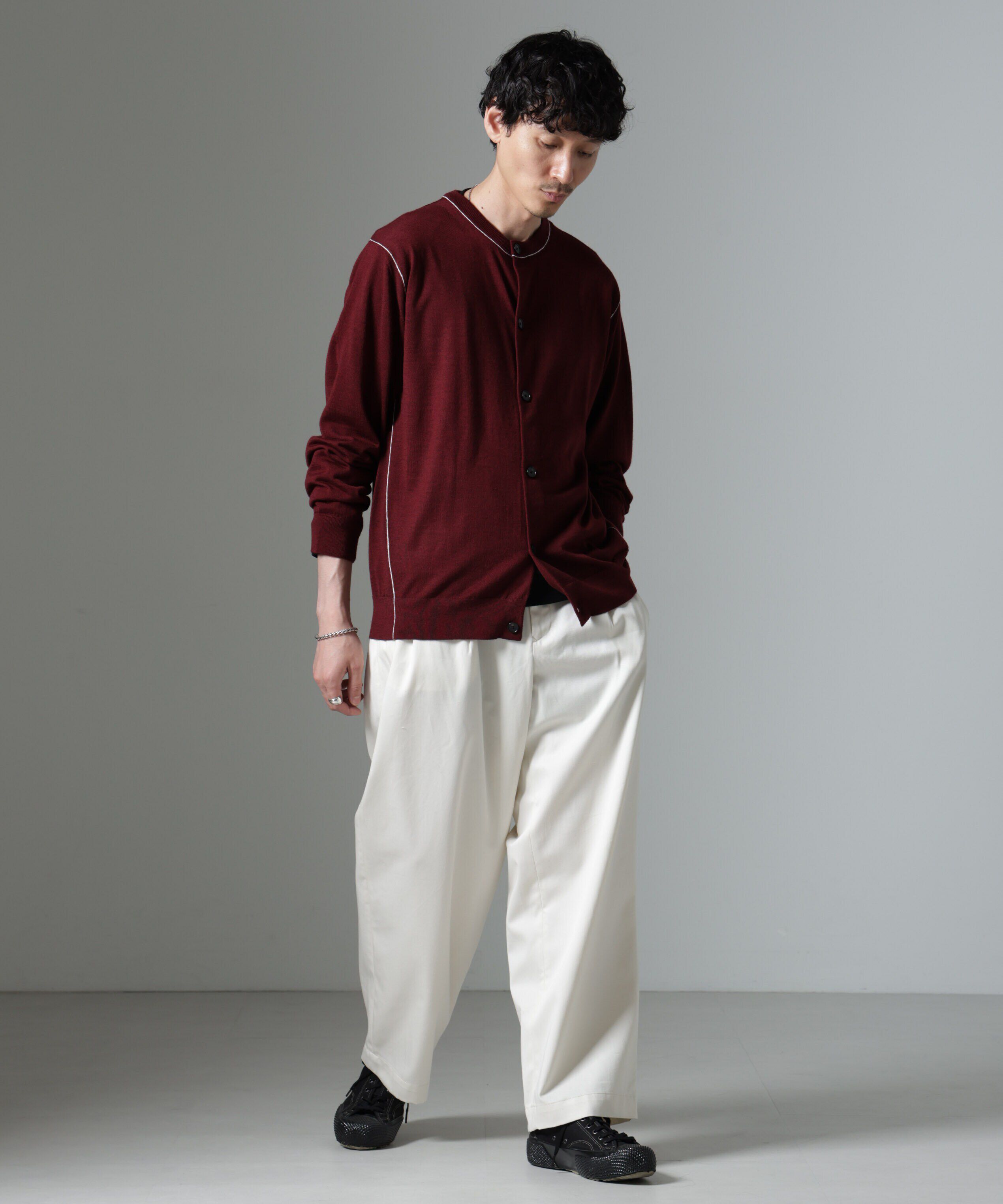 nano･universe「コントラストラインクルーネックカーディガン」|ニット・セーター|