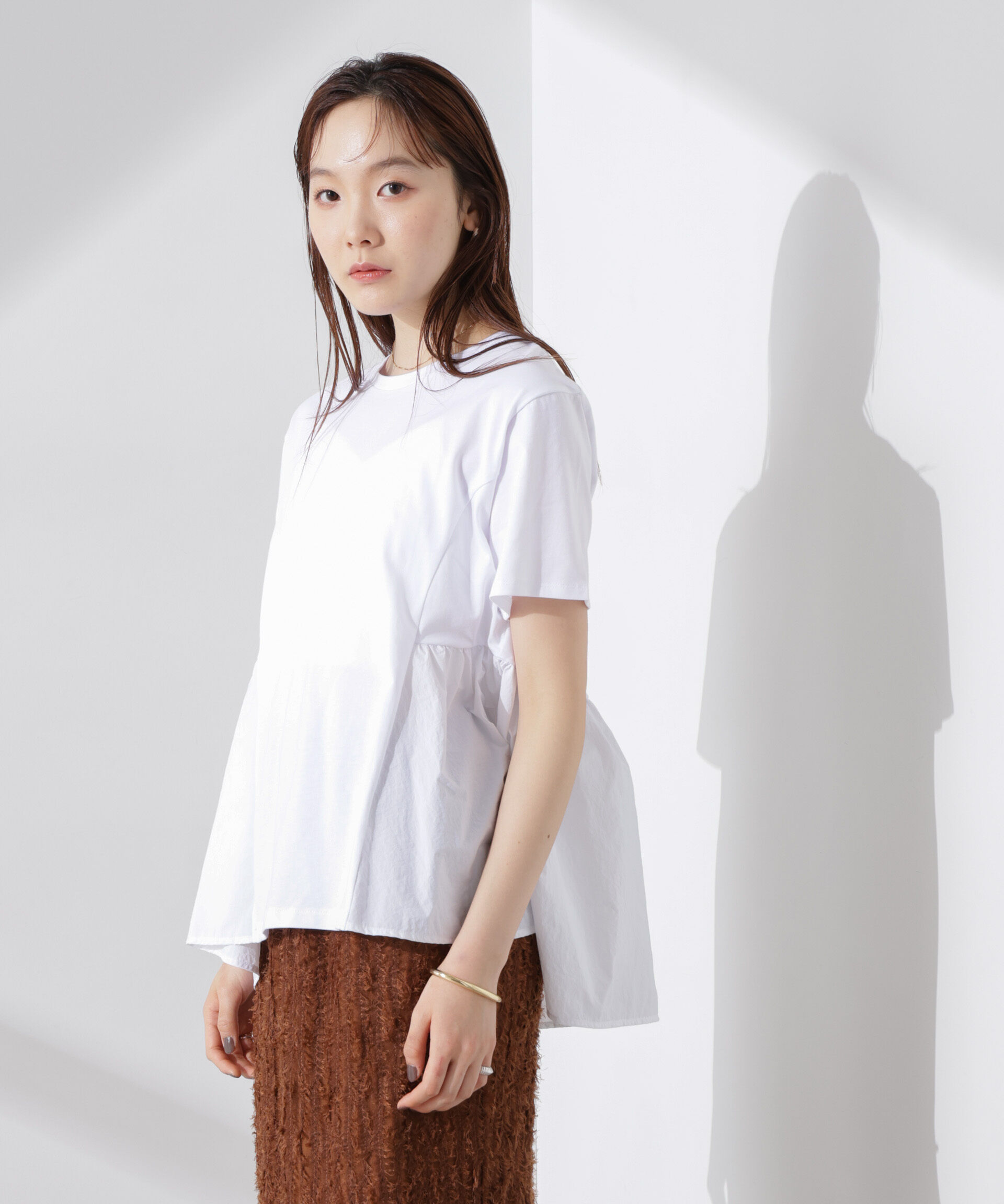 nano･universe「布帛コンビギャザー切替カットトップス」|Tシャツ・カットソー|ホワイト