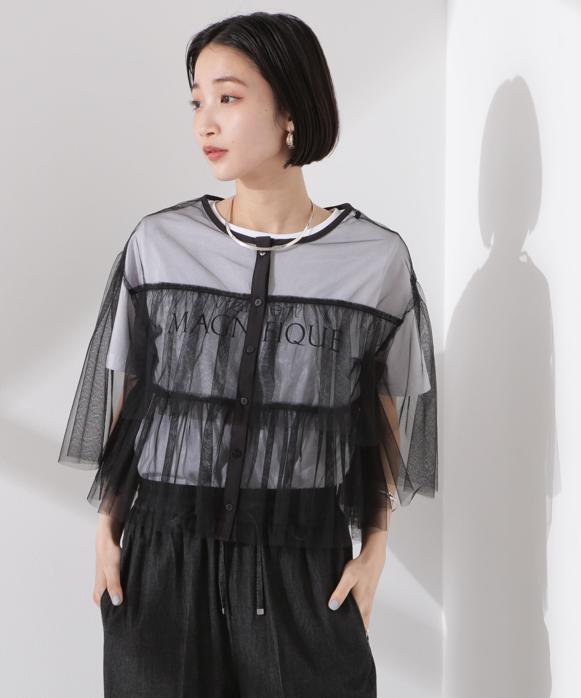 nano･universe「チュールティアードブラウス」|シャツ・ブラウス|ブラック