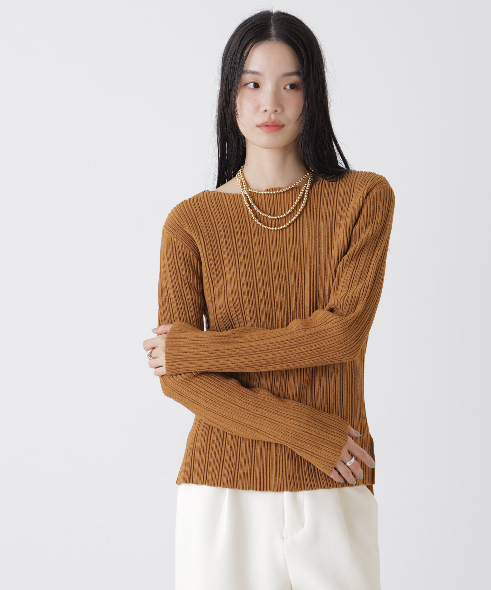 nano･universe「プリーツニットボートネックトップス(セットアップ可)」|ニット・セーター|L.キャメル6