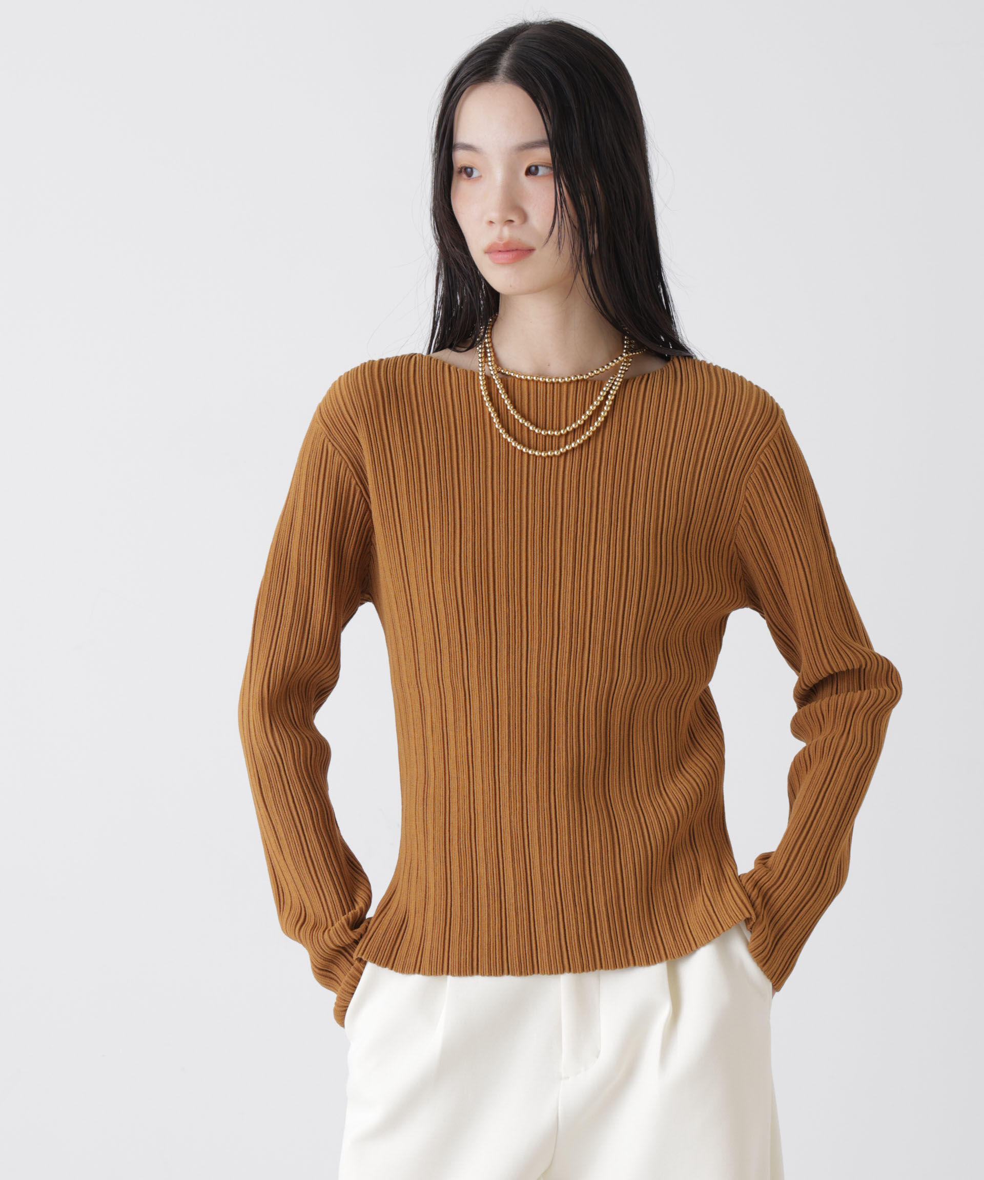 nano･universe「プリーツニットボートネックトップス(セットアップ可)」|ニット・セーター|