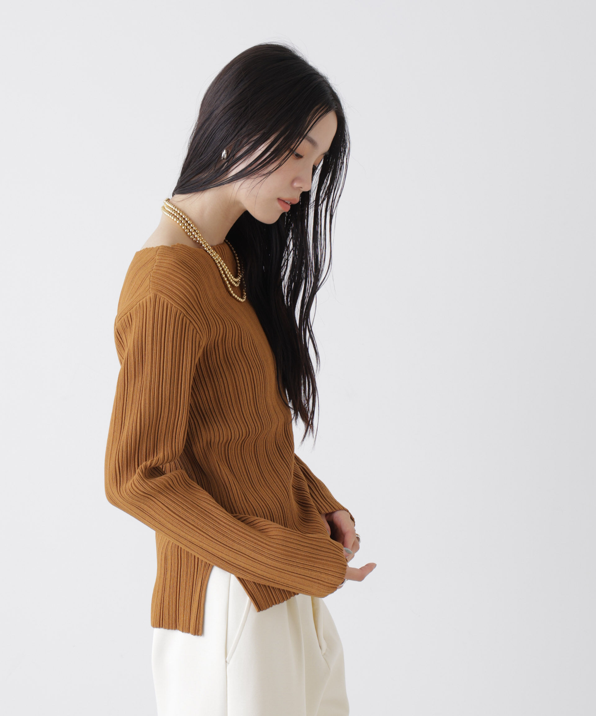 nano･universe「プリーツニットボートネックトップス(セットアップ可)」|ニット・セーター|