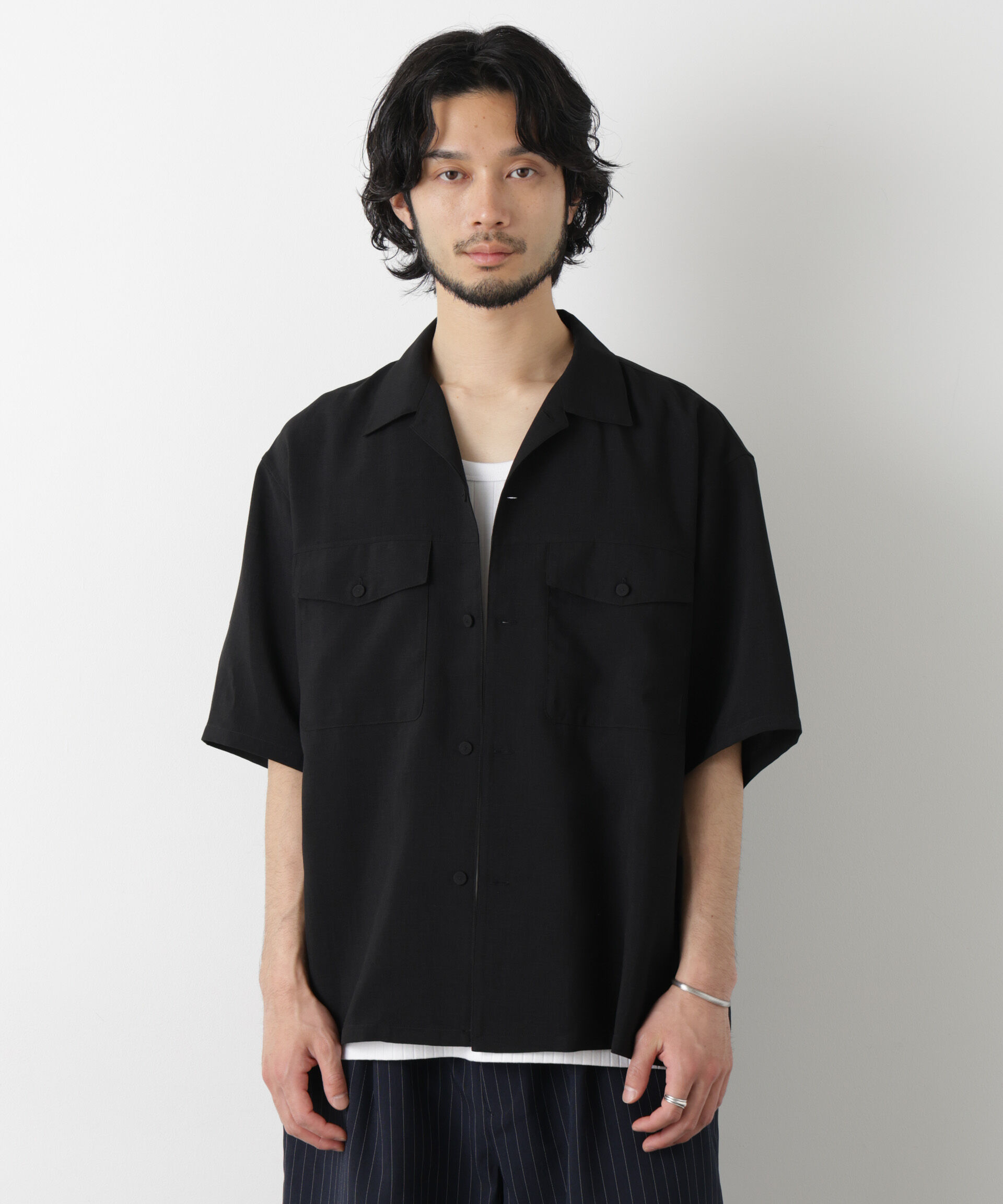 nano･universe「「メランジドライ」バトルドレスオープンカラーシャツ」|シャツ・ブラウス|ブラック