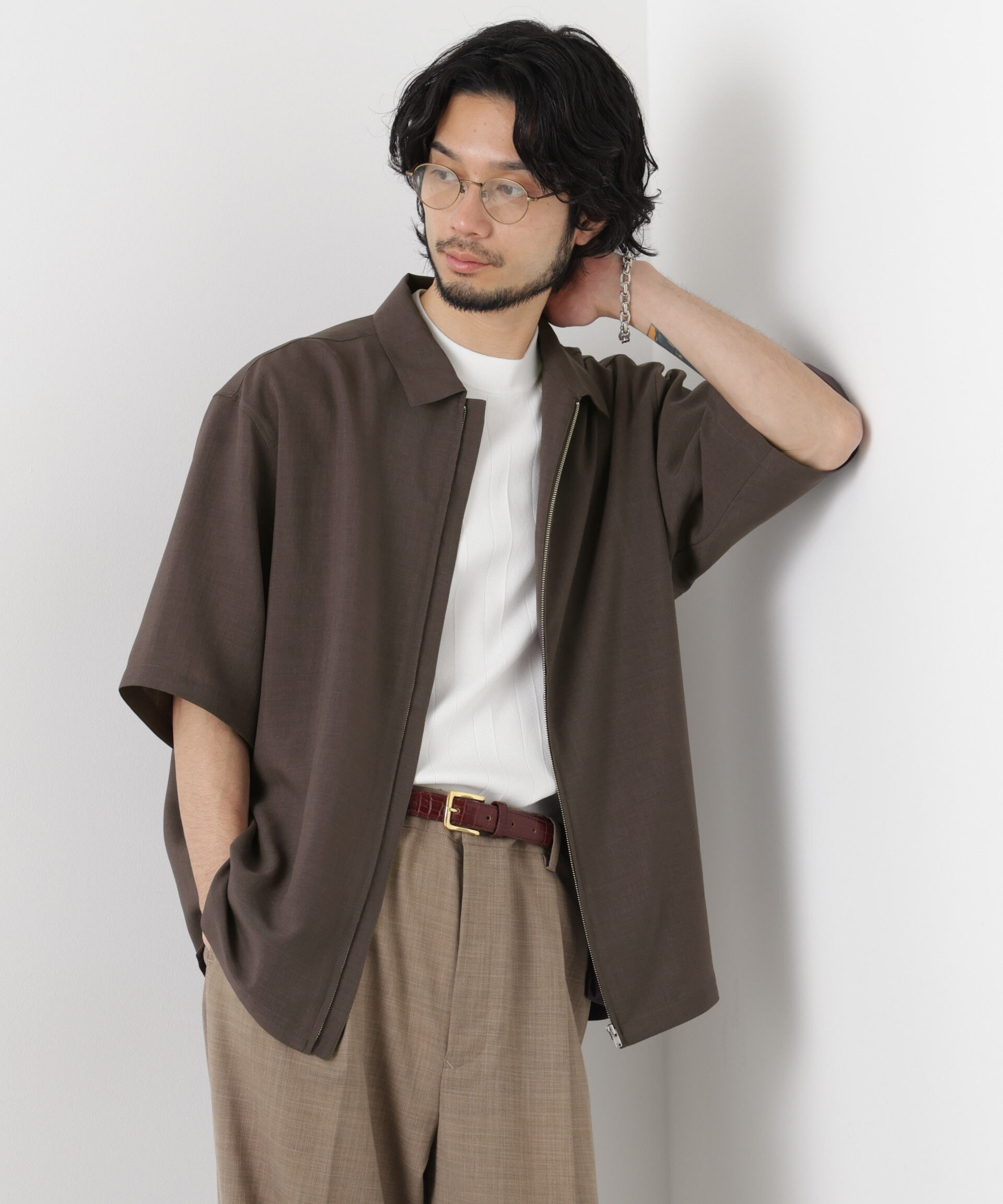 nano･universe「「メランジドライ」ZIPシャツブルゾン(セットアップ可)」|シャツ・ブラウス|ブラウン