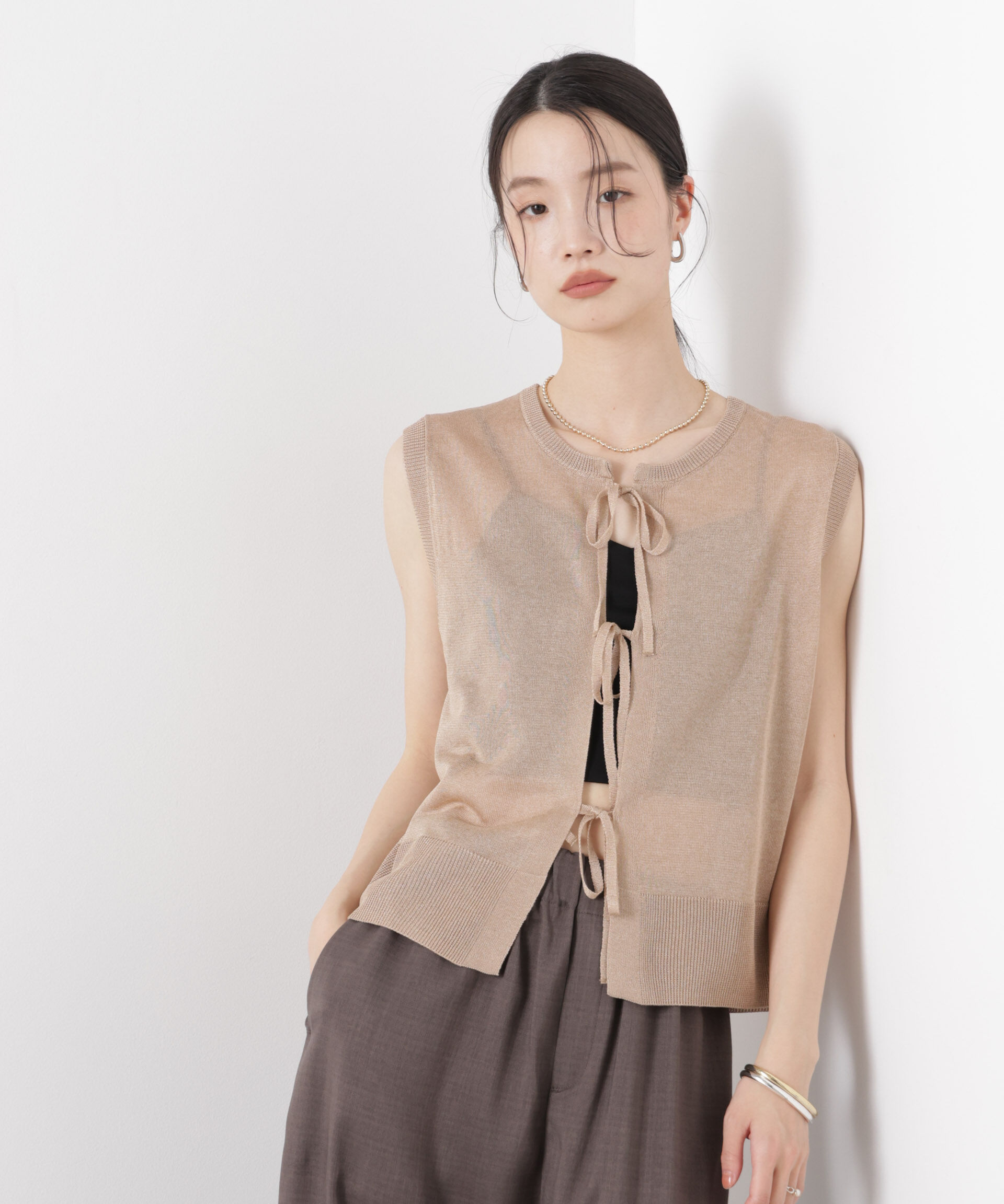 nano･universe「前後2wayリボンアップデザインノースリーブニット」|ニット・セーター|ベージュ