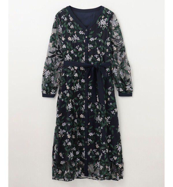 GRACE CONTINENTAL「フラワー刺繍フレアワンピース」|ワンピース|ネイビー