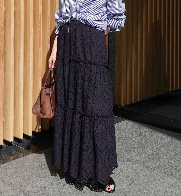 MAQWEL「【MAQWEL/マクウェル】《セットアップ対応》ウォッシャブルエンブロイダリーレーススカート」|スカート|ブラック