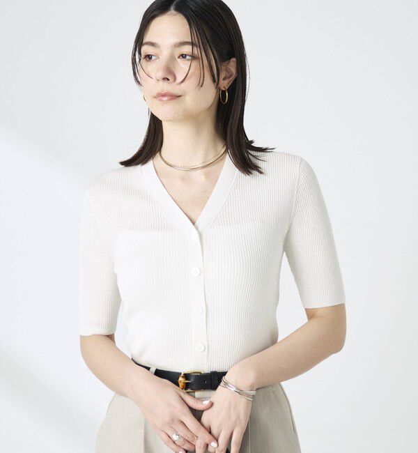 NOLLEY'S sophi「《手洗い可能》綿アセリブ半袖Vネックカーディガン」|カーディガン|