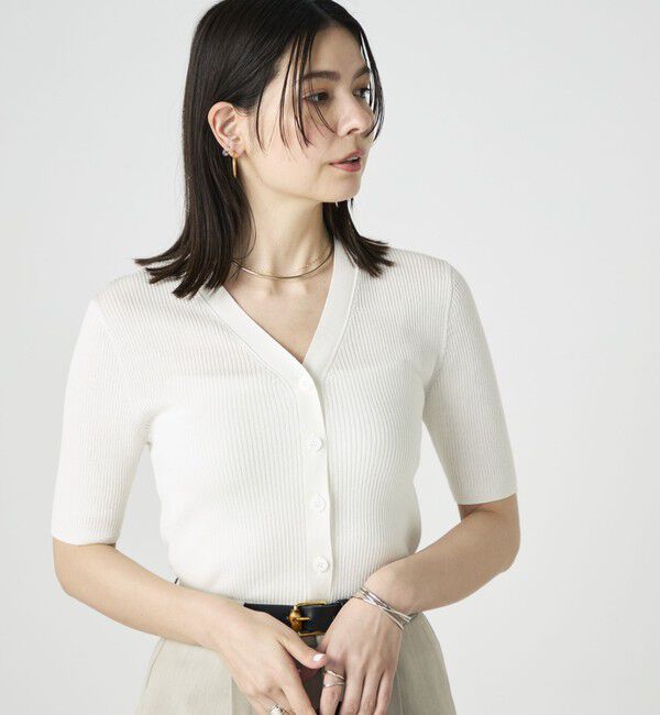 NOLLEY'S sophi「《手洗い可能》綿アセリブ半袖Vネックカーディガン」|カーディガン|