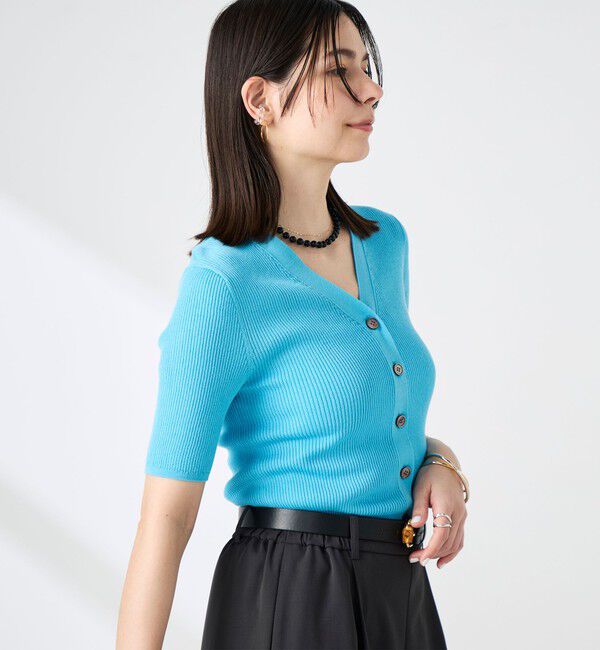 NOLLEY'S sophi「《手洗い可能》綿アセリブ半袖Vネックカーディガン」|カーディガン|