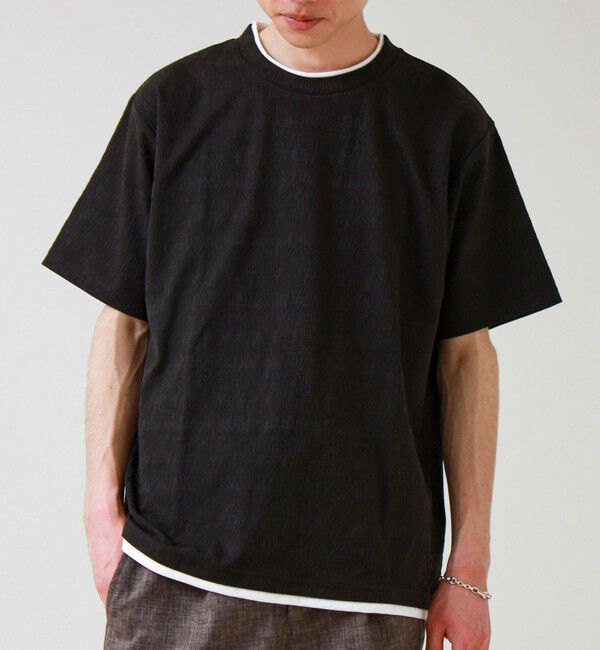 GLOSTER「【1枚でレイヤード風】ストライプジャガード フェイクレイヤーTシャツ」|Tシャツ・カットソー|ブラック