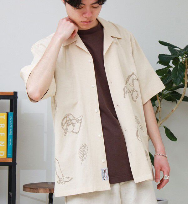 GLOSTER「【GEVACO/ゲバコ】刺繍オープンカラーシャツ」|シャツ・ブラウス|ベージュ