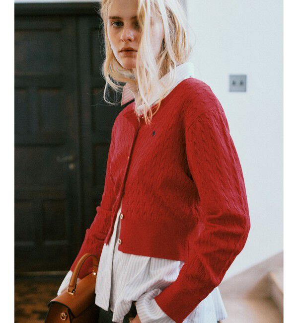 VIS「【POLO BCS】VIS別注ミニケーブルノーカラーニットカーディガン」|カーディガン|レッド(60)