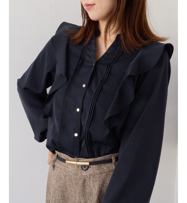 VIS「【WEB限定】スキッパーフリルデザインブラウス」|シャツ・ブラウス|ネイビー(40)