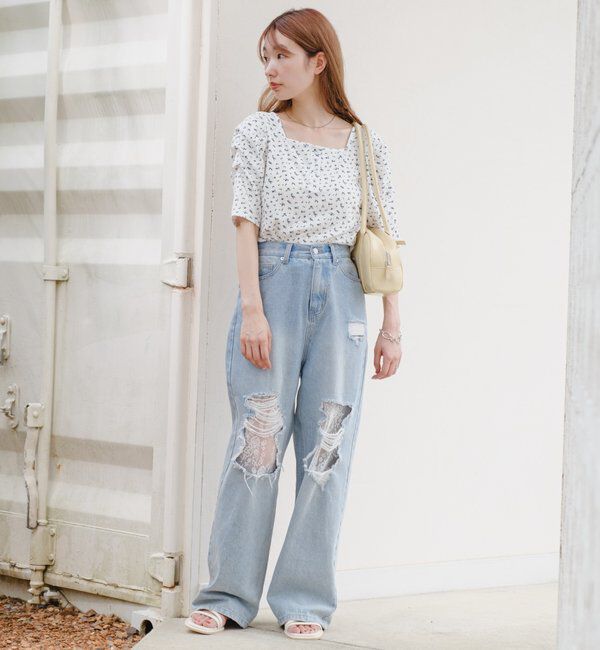  「小花柄ヘンリースクエアプルオーバー」|Tシャツ・カットソー|