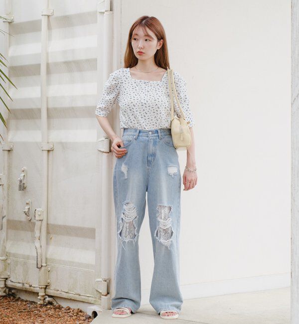  「小花柄ヘンリースクエアプルオーバー」|Tシャツ・カットソー|