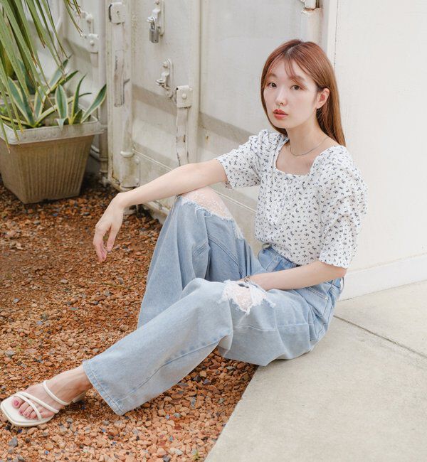  「小花柄ヘンリースクエアプルオーバー」|Tシャツ・カットソー|