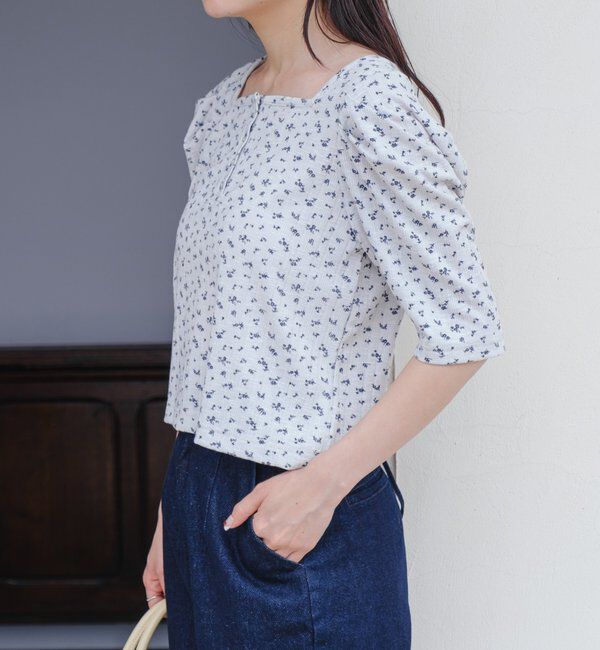  「小花柄ヘンリースクエアプルオーバー」|Tシャツ・カットソー|グレー