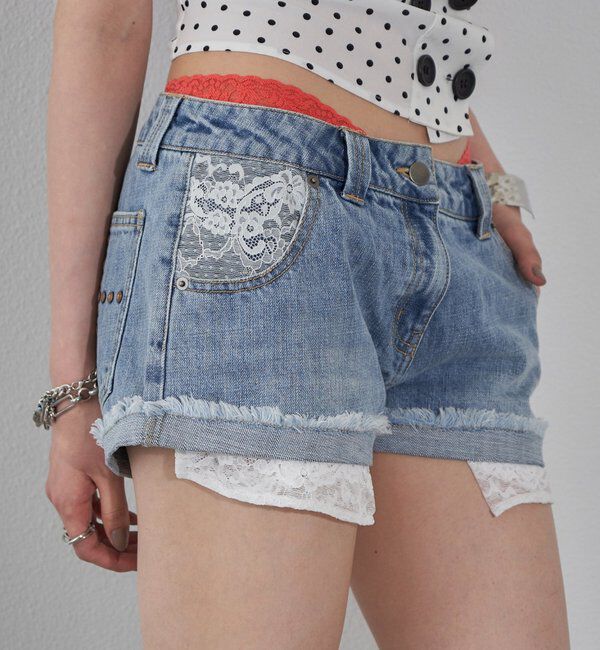  「ポケ切り替えデニムショーツ(レース・ドット)」|デニム|