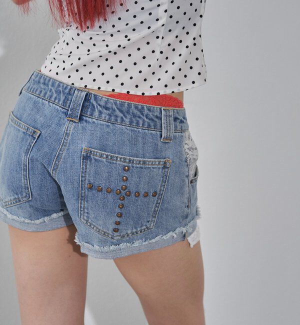 「ポケ切り替えデニムショーツ(レース・ドット)」|デニム|
