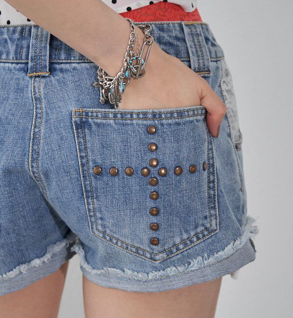  「ポケ切り替えデニムショーツ(レース・ドット)」|デニム|