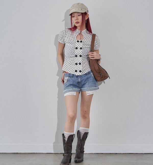  「ポケ切り替えデニムショーツ(レース・ドット)」|デニム|