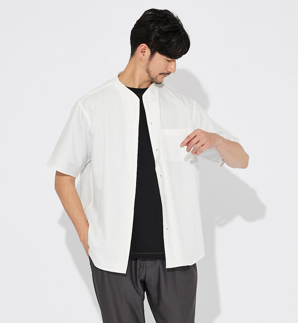 ABAHOUSE「【変形襟】トロミシャンブレー カラーレス 半袖シャツ / バンドカラー」|シャツ・ブラウス|