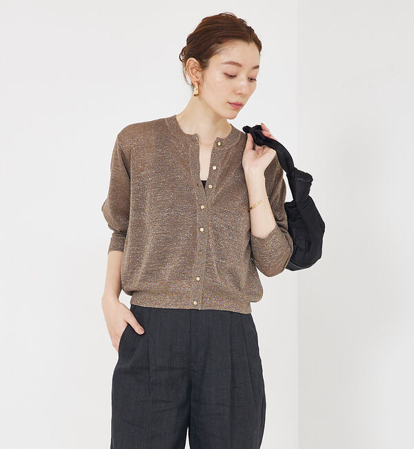 qualite「【夏の羽織りにおすすめ】ラメハイゲージニットカーデ」|カーディガン|ブラウン