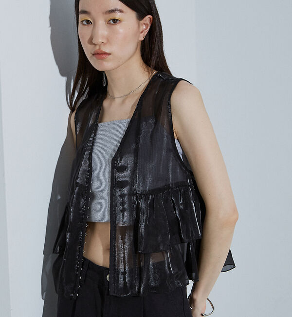 NOMINE「2WAY シャイン シアー フリルベスト」|ベスト・ジレ|ブラック