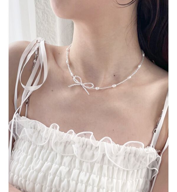  「リボンモチーフビーズネックレス」|ネックレス|