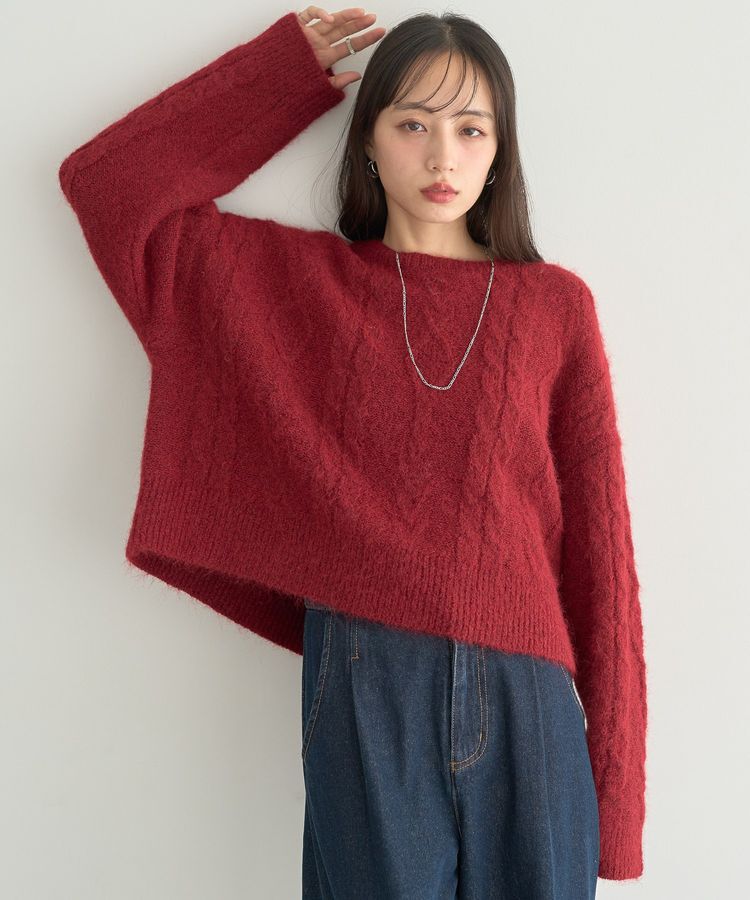 earth music&ecology「モヘヤタッチケーブルニットプルオーバー」|ニット・セーター|Red