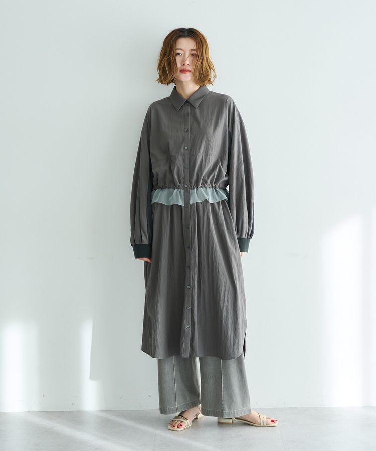 Editt by YECCA VECCA「シアーMIXドロストデザインシャツワンピース」|ワンピース|Khaki