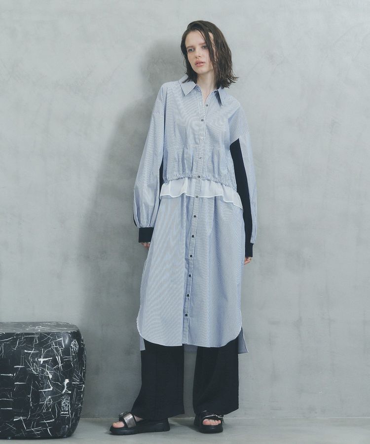 Editt by YECCA VECCA「シアーMIXドロストデザインシャツワンピース」|ワンピース|Stripe