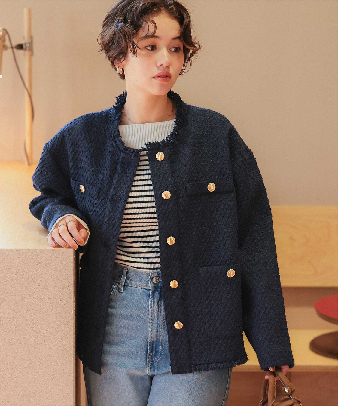 titivate「ツイードジャケット」|ノーカラージャケット|ネイビー