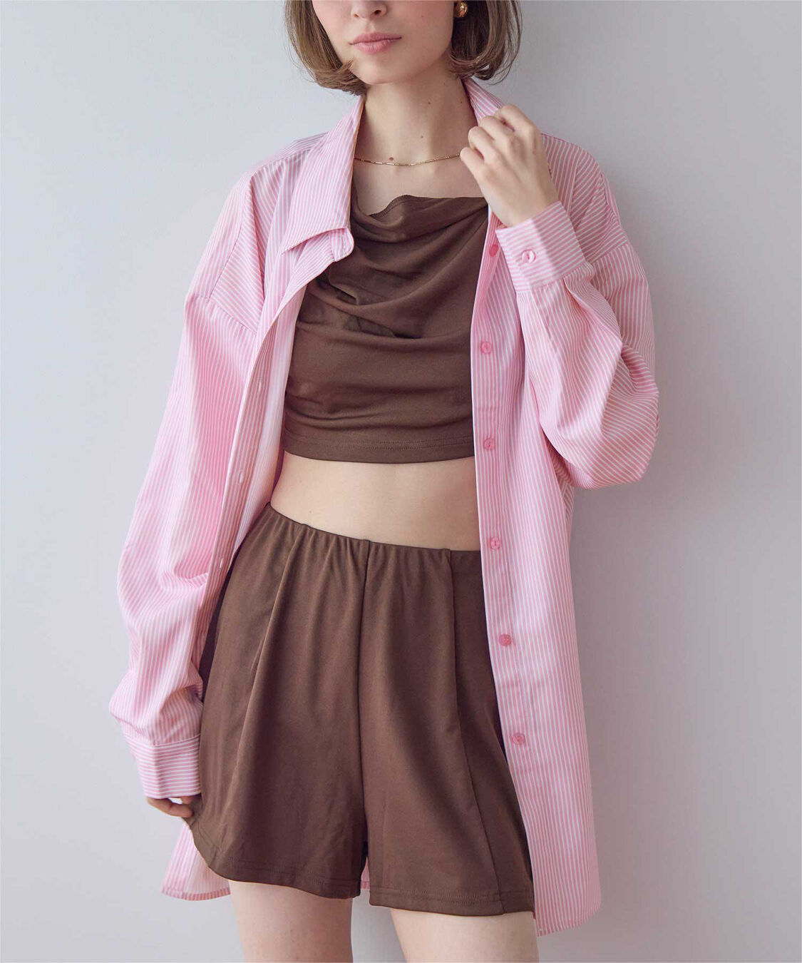 SEA DRESS「ビッグシルエットシャツ/ラッシュガード」|ビキニトップス|ストライプ/ピンク