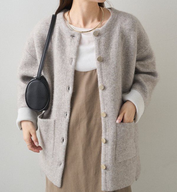  「Wフェイスニットノーカラーハーフコート」|その他|ベージュ