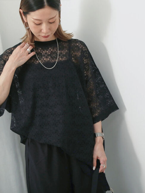 Samansa Mos2 blue「レースTシャツ」|Tシャツ・カットソー|ブラック