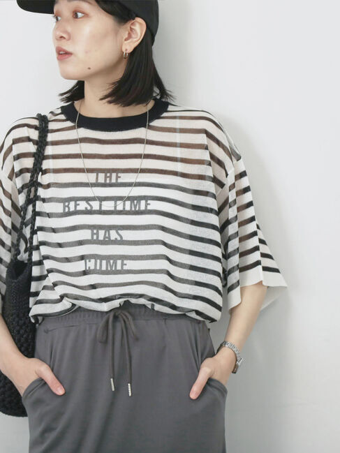 Samansa Mos2 blue「ボーダーロゴニットプルオーバー」|ニット・セーター|オフホワイト