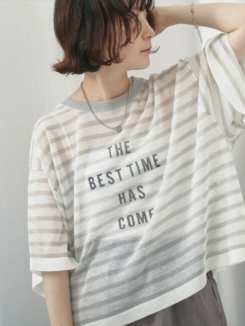 Samansa Mos2 blue「ボーダーロゴニットプルオーバー」|ニット・セーター|