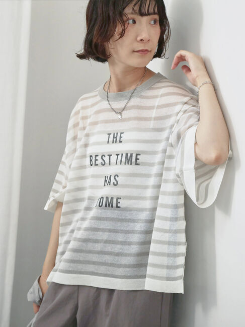 Samansa Mos2 blue「ボーダーロゴニットプルオーバー」|ニット・セーター|