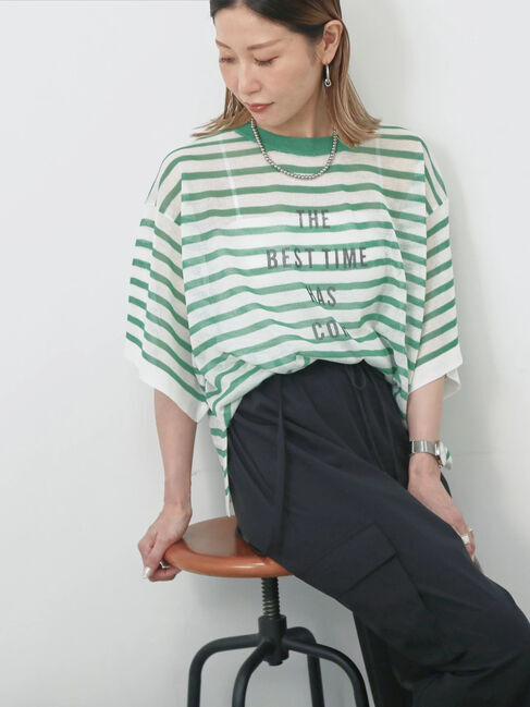 Samansa Mos2 blue「ボーダーロゴニットプルオーバー」|ニット・セーター|