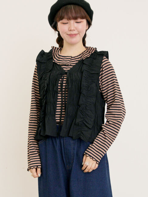 Samansa Mos2「シャーリングフリルベスト」|ダウンベスト・ベスト|ブラック